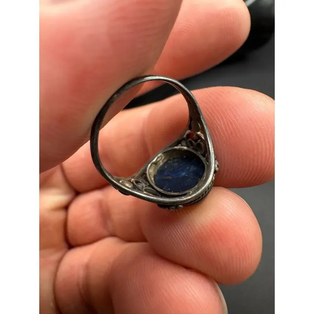 Vintage Lapis Lazuli Oval Filigree Silver Tone Women's Cocktail Band Ring